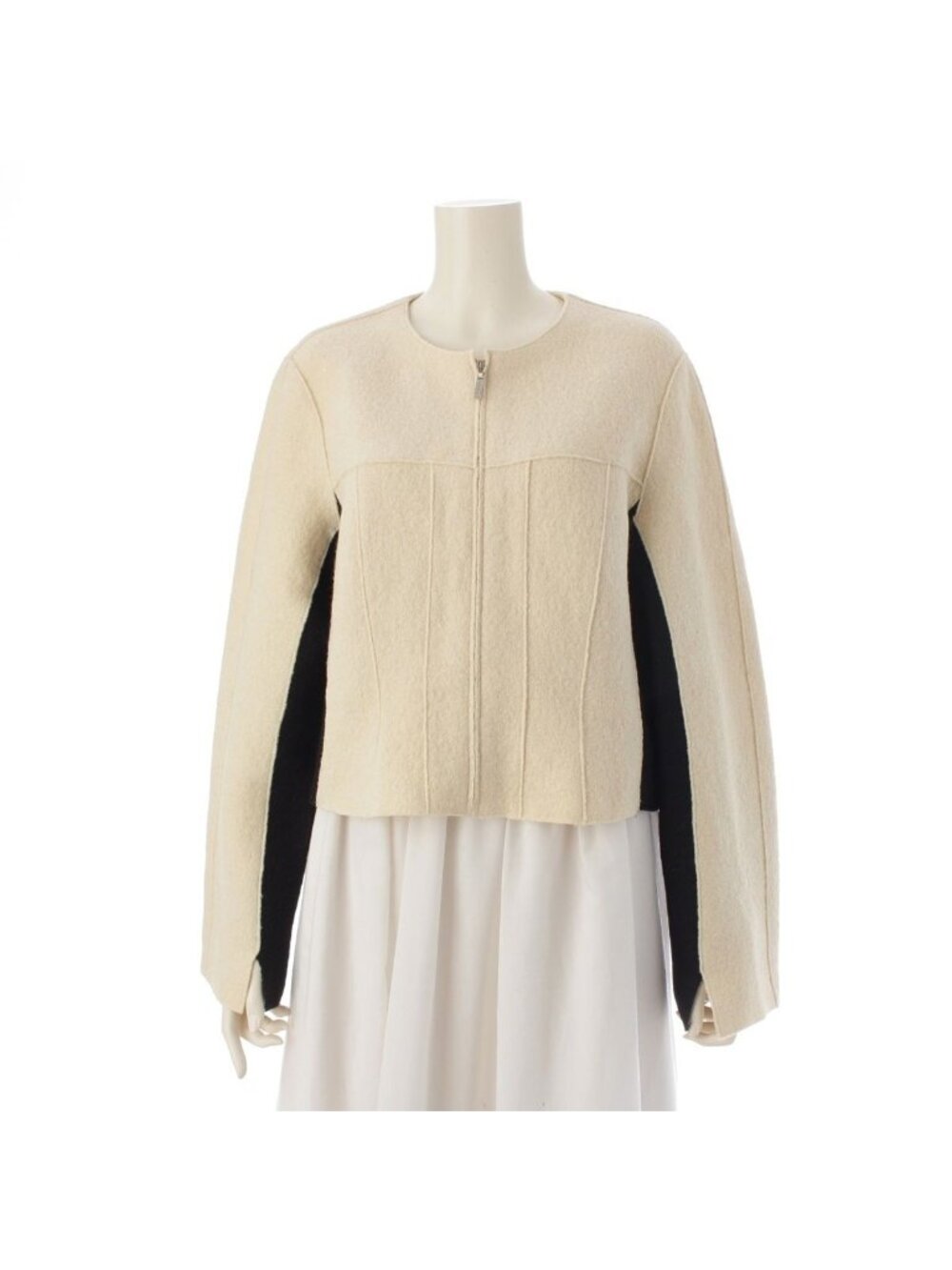 Chanel Wool Bicolor Zip Up Hem Chain Tailored Jacket White Black 38
